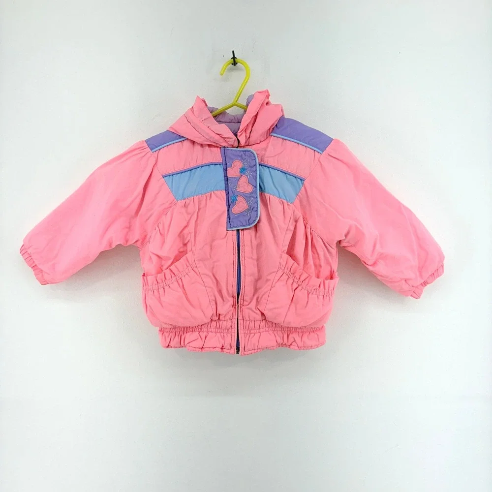 Vintage 80s Weather Tamer Girls Pink Hooded Puffer Jacket Heart Embroidery 12M